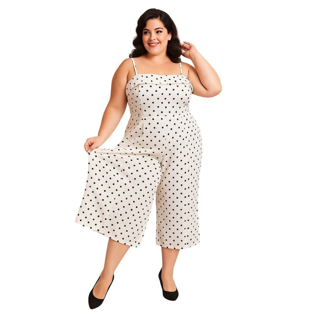 Plus-Size Cream Polka Dot Wide-Leg Jumpsuit